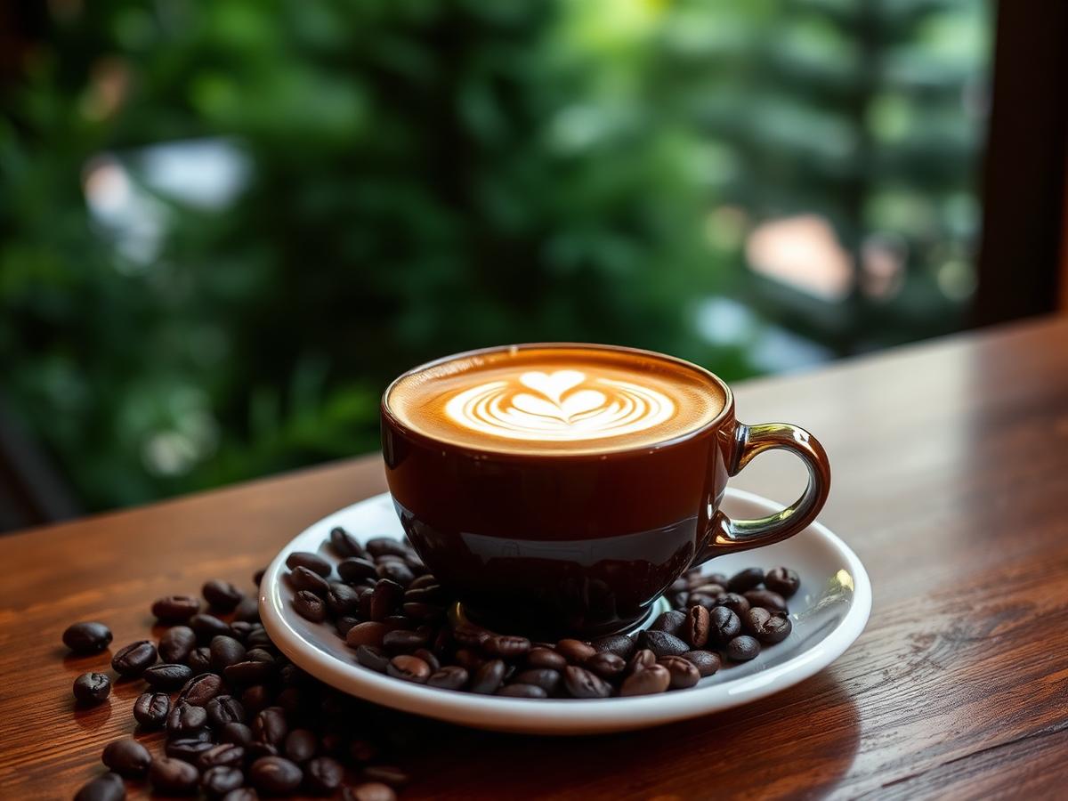 Hot cappuccino with latte art on a saucer surrounded by coffee beans