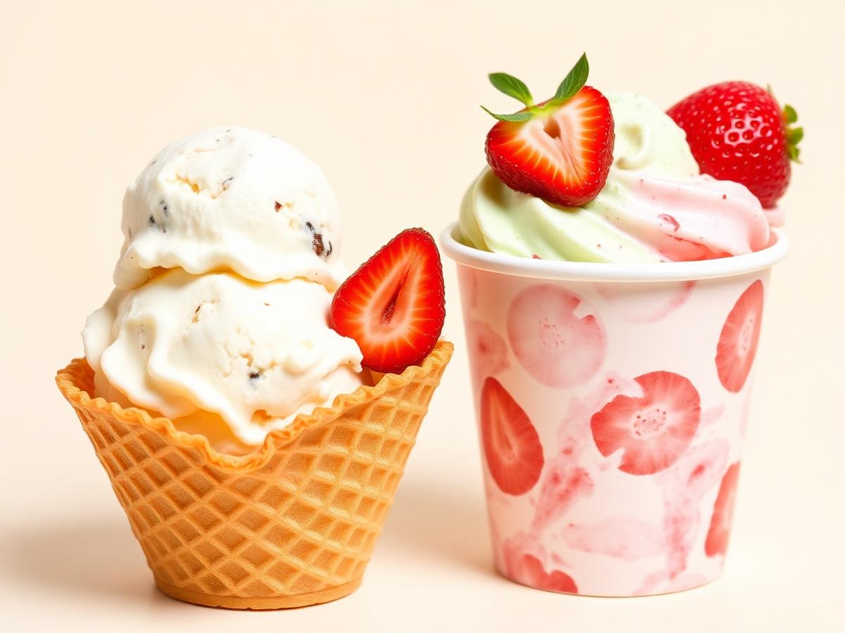 Scoops of ice cream in a waffle cone next to a cup of ice cream