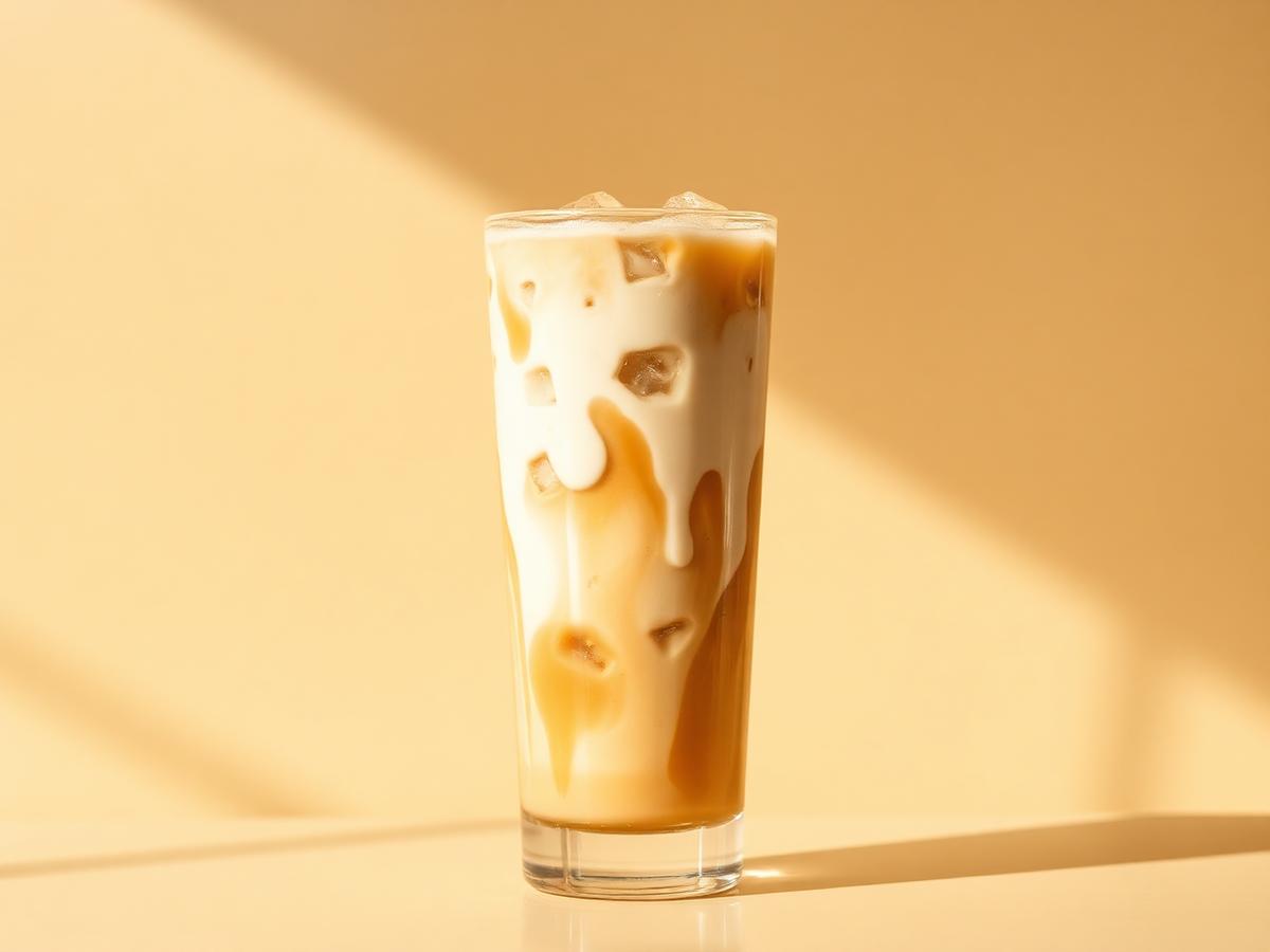 Iced latte in a tall glass with cream swirls and ice cubes