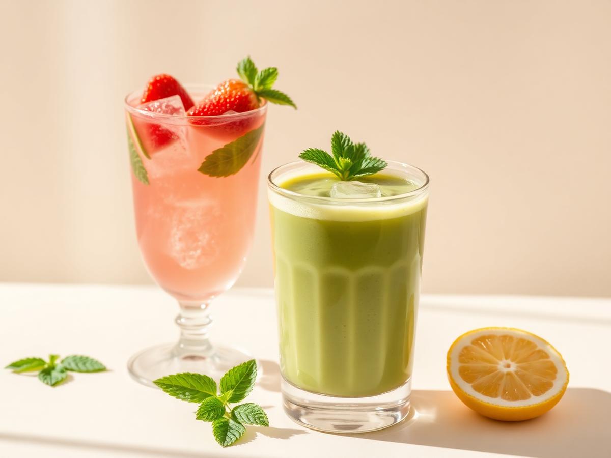 Strawberry lemonade and iced matcha latte with fresh mint and lemon