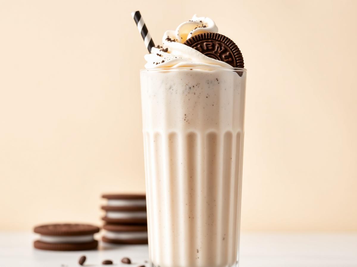 Thick Oreo milkshake topped with whipped cream and a cookie